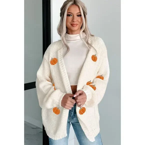 Beautiful White Pumpkin Print Open Front Drop Shoulder Midi Cardigan - Picture 3 of 7